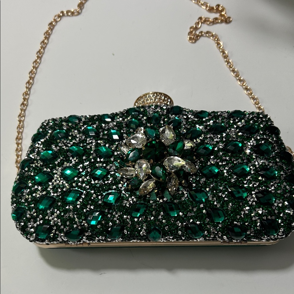 Emerald Crystal Evening Clutch with Gold Chain - Picture 9 of 16